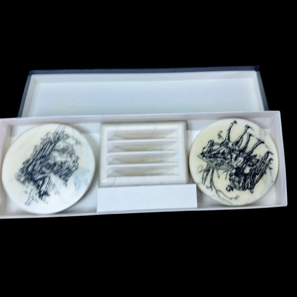 Abraham Lincoln Marble Stone Coasters Set Stand Engraved Life Of Lincoln Vintage